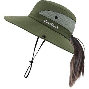 Women's Army Green Wide Brim Mesh Vent Boonie With Chin Strap Classic Cowboy Hat